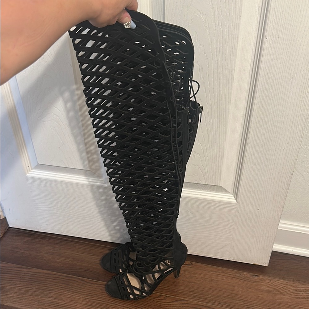 Vince Camuto Gladiator Black Over the Knee Boots with Stiletto Heel
